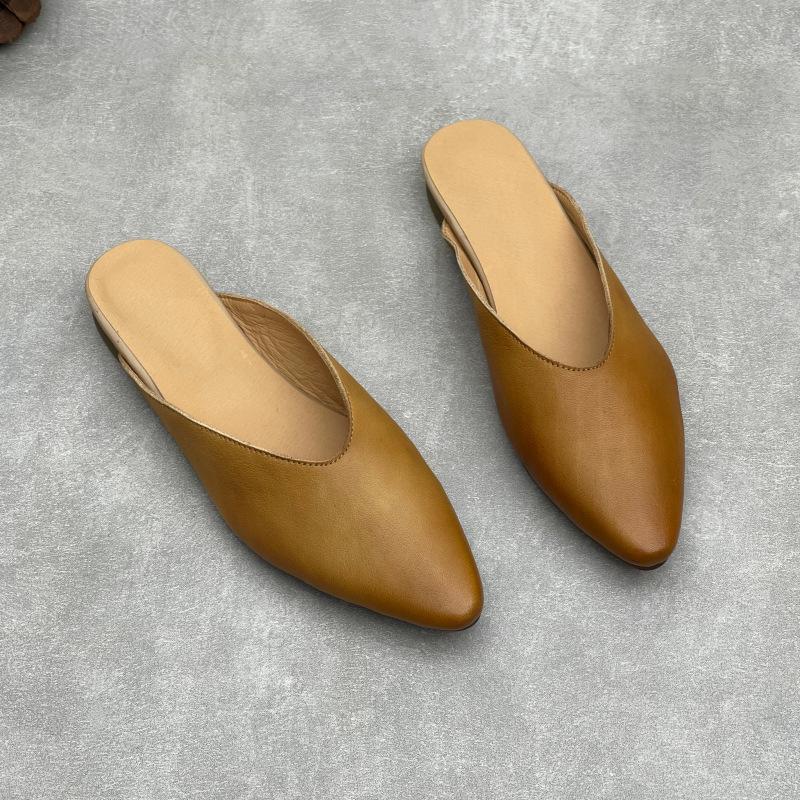 Johnature Pointed Toe Genuine Leather Women's Slippers Casual And Versatile Soft Cowhide Outdoor Slip-on Shoes