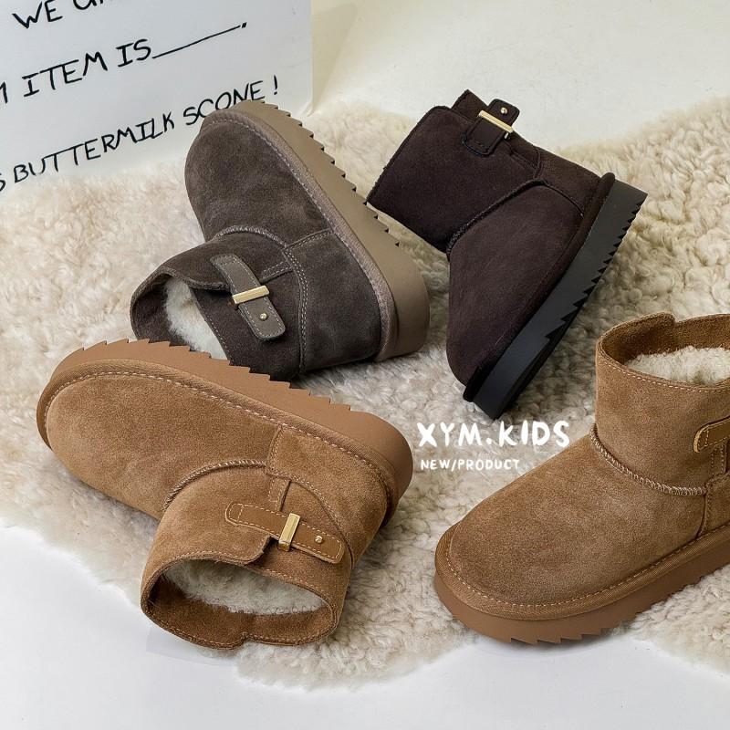 Kids Winter Snow Boots Boys Girls Warm Faux Suede Ankle With Buckle Thick Fleece Lining