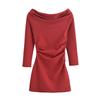 Spring 2025 Women's Elegant One-Shoulder Pleated Dress - Slim Fit, Long-Sleeved, Solid Color
