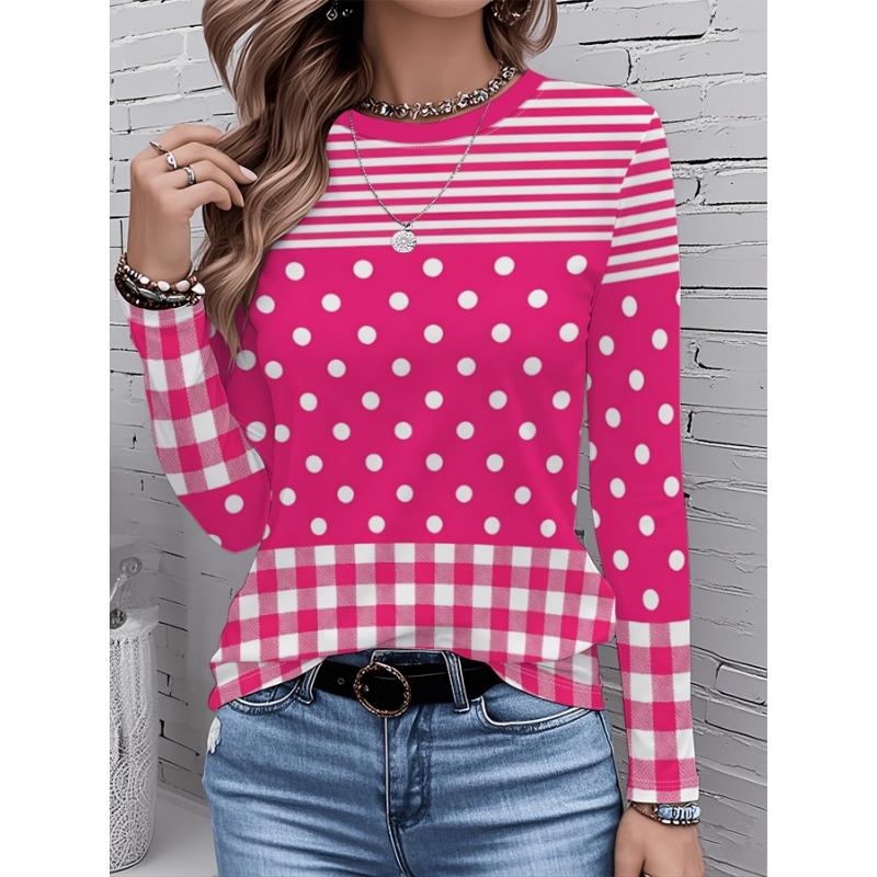 Women's long-sleeved T-shirt, contrasting stripes, polka-dot plaid, round neck, soft, breathable, loose, slimming, new autumn style