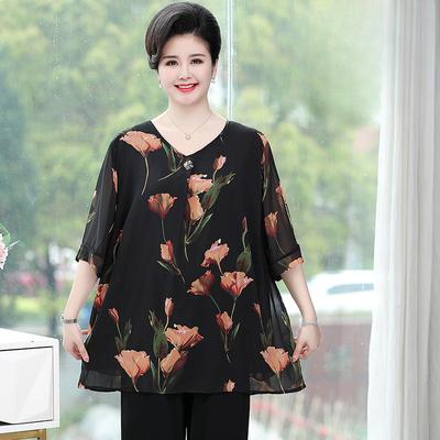 Summer Women's Plus Size Blouse Half Sleeve V Neck T-Shirt Loose Printed Blouse