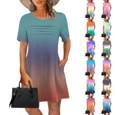 Dámské letní šaty s gradientním potiskem tie-dye, s krátkým rukávem, kulatým výstřihem, vázáním a kapsou, ležérní