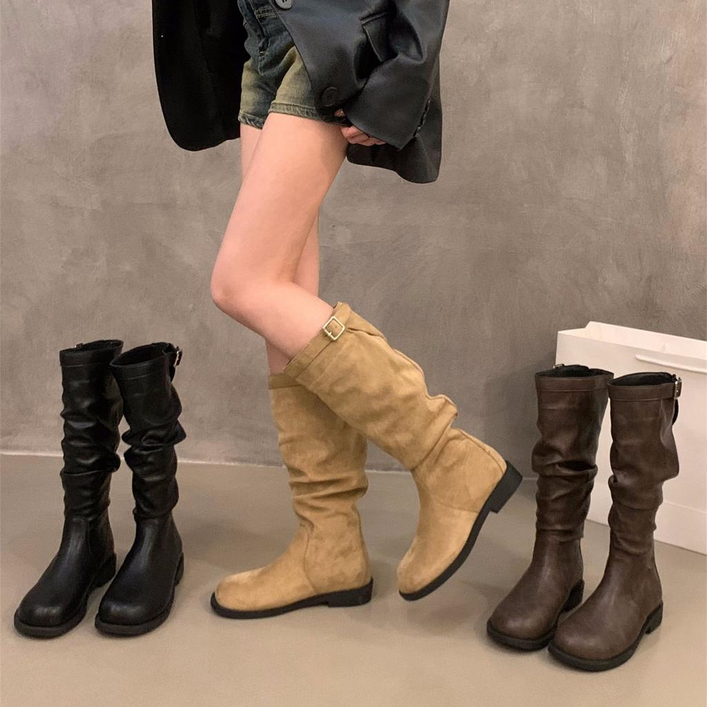 Coarse heel khaki stacking boots long boots women's shoes new spring, autumn and winter thin medium tube