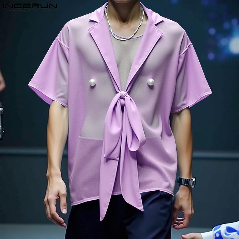 INCERUN Men Summer Short Sleeve Twisted Mesh Sheer Seen Through T-shirts