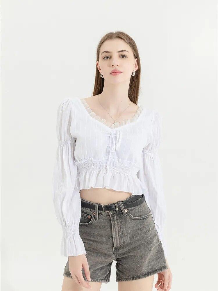 French Pleated Lantern Long Sleeve Shirt Women New Vintage White Square Collar Blouse Tops Female Korean Fashion Desidn Casual Clothing 2024
