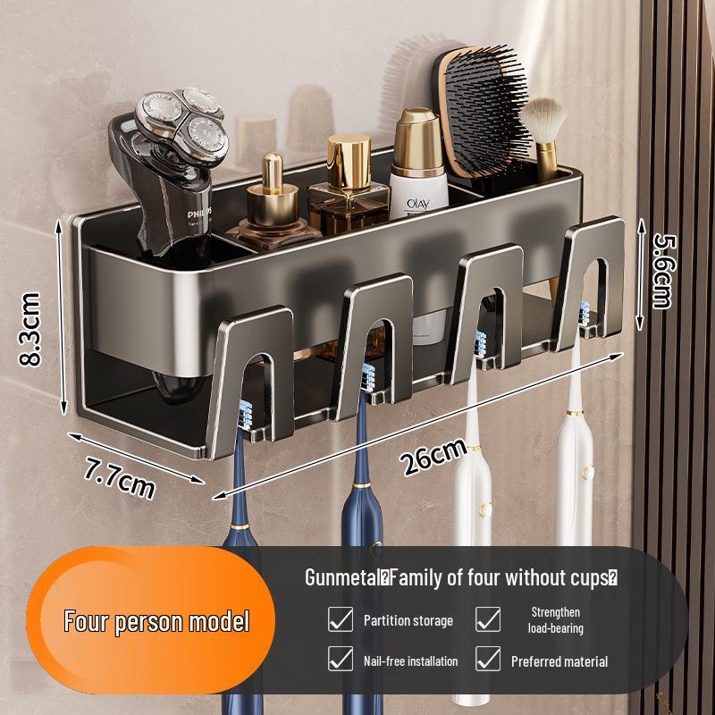 Wall-Mounted Toothbrush Holder and Mouthwash Cup, Punch-Free Space Aluminum Storage Rack