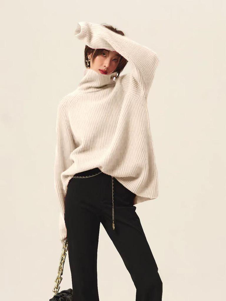 Women's Red Retro High Neck Wool Sweater - Festive, Loose, Thickened, Age-Reducing Cashmere Design