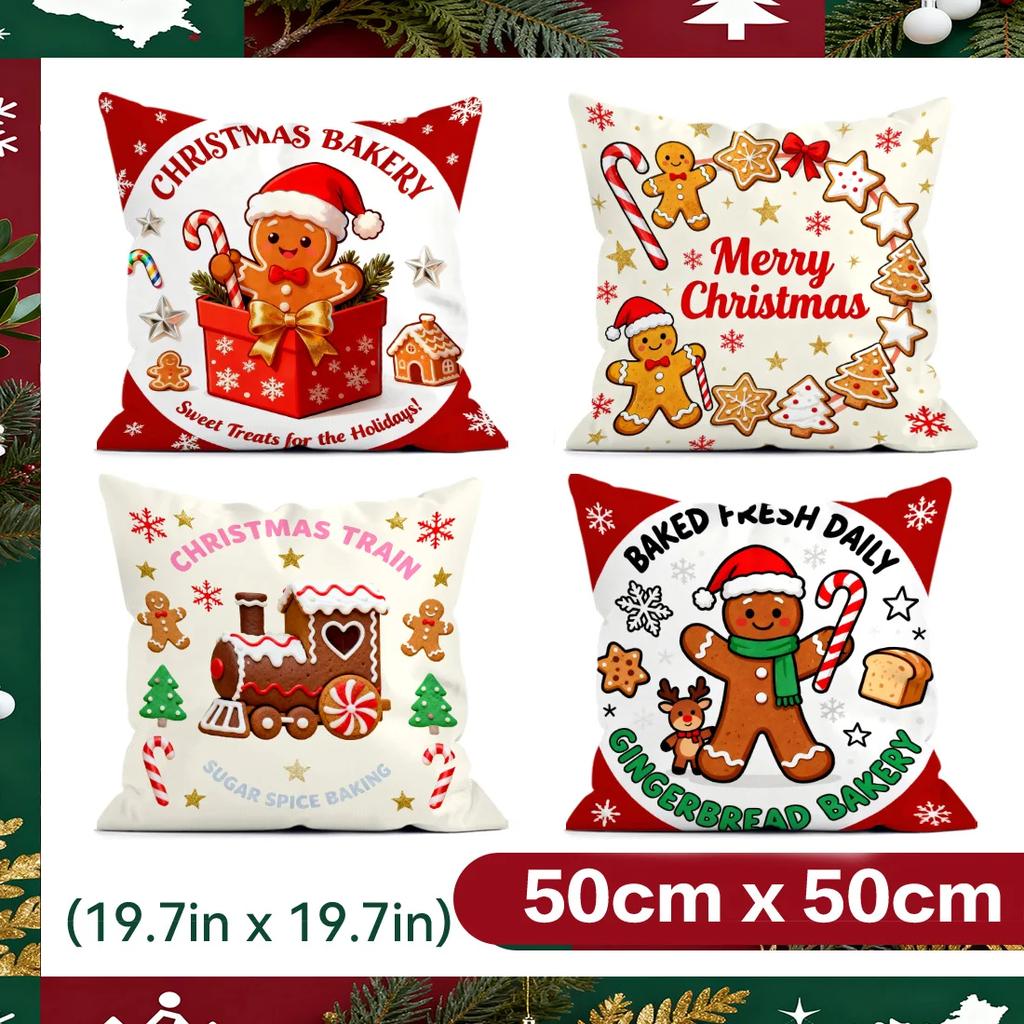 4 Pcs Gingerbread Man Christmas Carol Single-Sided Printed Pillowcase For Home Living Room Bedroom Car Decoration