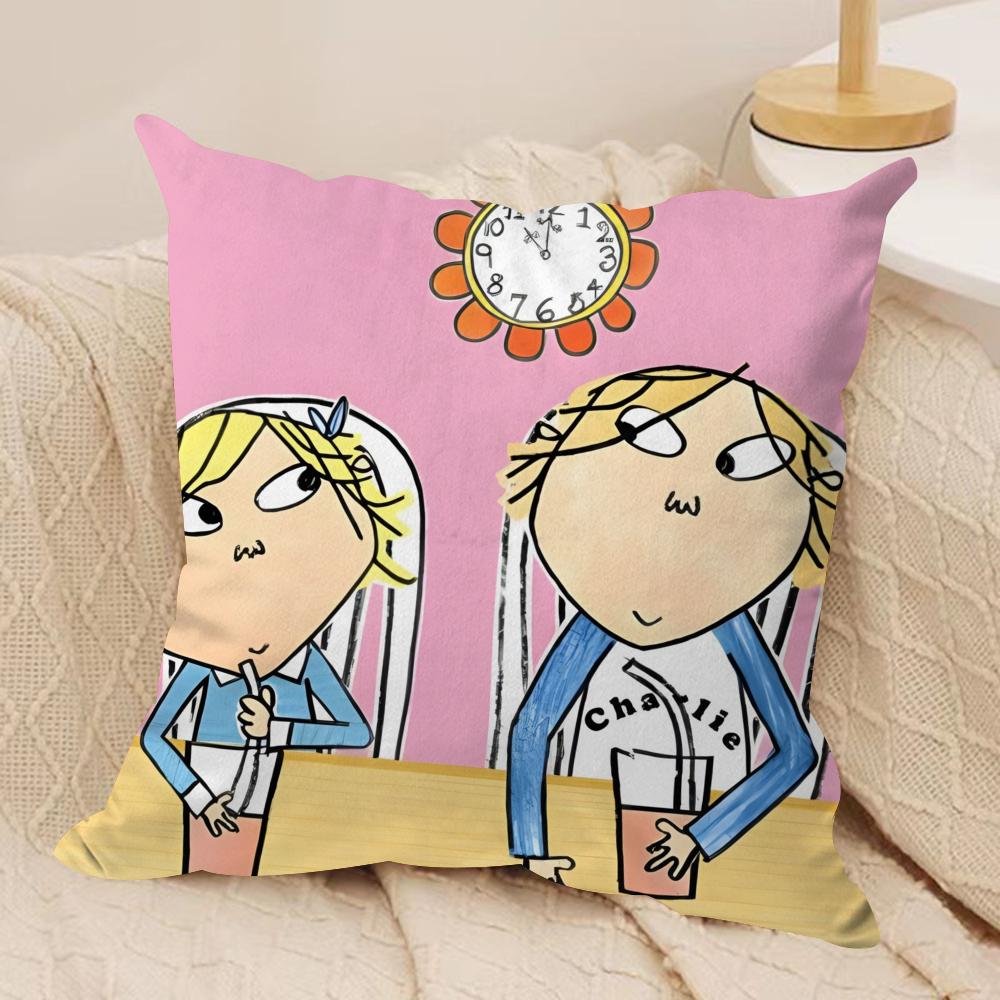 Charlie and Lola Anime Cushion Cover Soft Plush Fabric Double-Sided Printed Sofa Cushion Cover for All Seasons Home Decor Gift