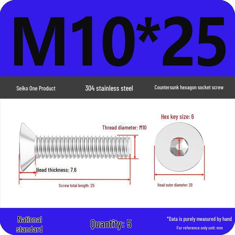 M2-M10 Stainless Steel Flat Head Machine Screws and Bolts Set, Countersunk Hex Socket Cap, 304 Grade.