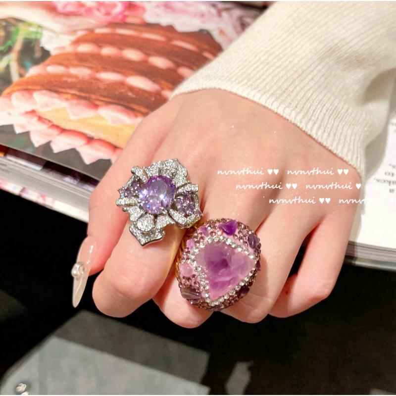 Vintage Floral Ring With Purple Cubic Zirconia 18K Gold Plated Adjustable Open Band Women