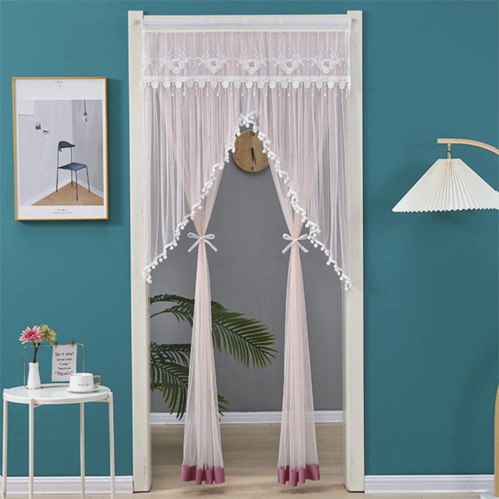Embroidered Anti-mosquito Door Curtain Double Layer Door Drape Lace Sheer Door Curtain  Summer