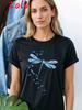 Dragonfly and Floral Printed Women's T-shirt Casual Pure Round Neck Top Artistic Design Summer Short Sleeved Women's Clothing