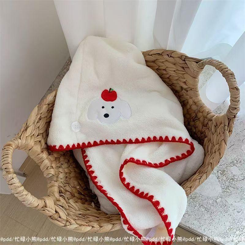 Embroidered Apple Dog Coral Fleece Dry Hair Cap Soft Absorbent Bathing Headscarf Quick Dry Hair Towel