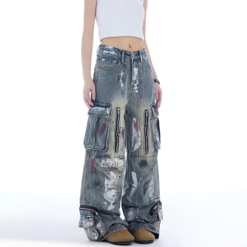 Womens American Retro Graffiti Pocket Wide Leg Jeans High Waist Straight Work Pants Streetwear