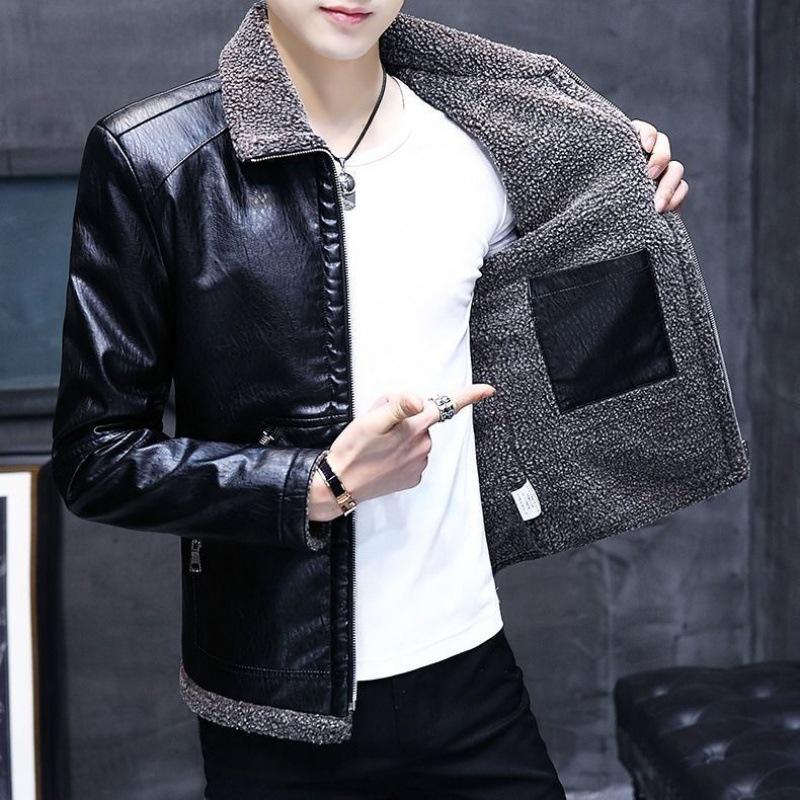 Fur One-piece Plus Velvet Leather Jacket for Men In Autumn and Winter New Style Lapel Sherpa Jacket Men's Motorcycle Leather Jacket