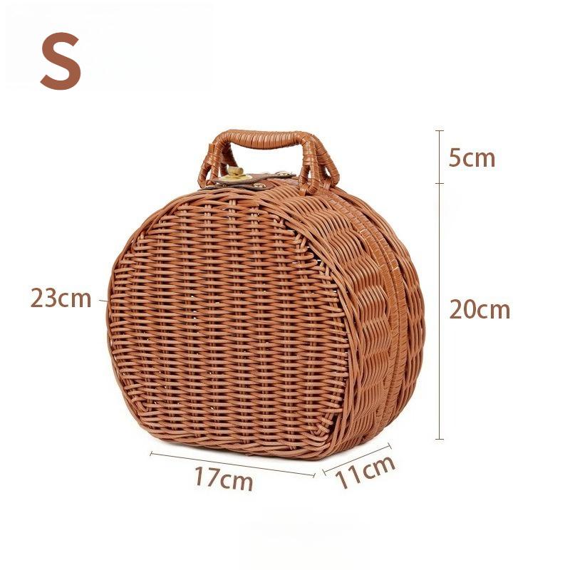 

1PC Round Hand-Carry Wicker Case Leather Snap Button Vintage Braided Rattan Gift Box Large Capacity Dust-proof Picnic Basket
