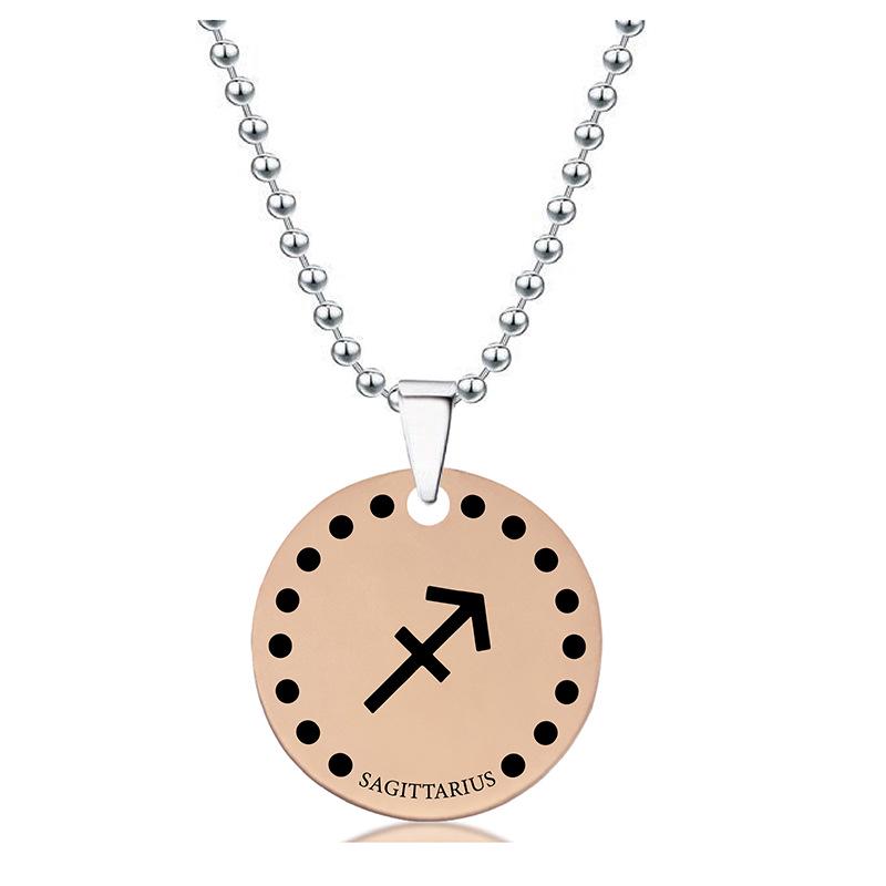 Rose Gold Stainless Steel Necklace with Twelve Constellations Engraved Round Tag - Christmas Holiday Gift