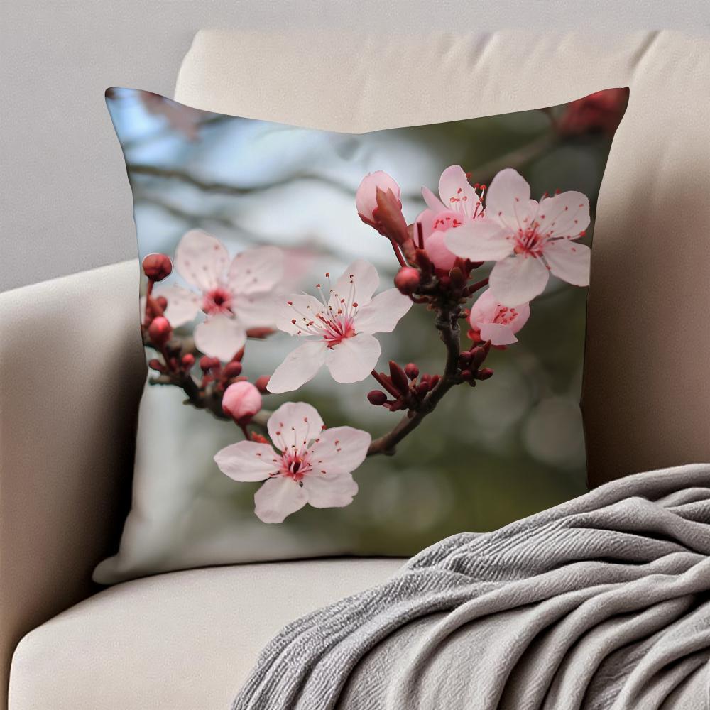 Beautiful Cherry Blossoms Cushion Cover Pillowcase Antidustmite Invisible Zipper Short Plush Sofa Cushion