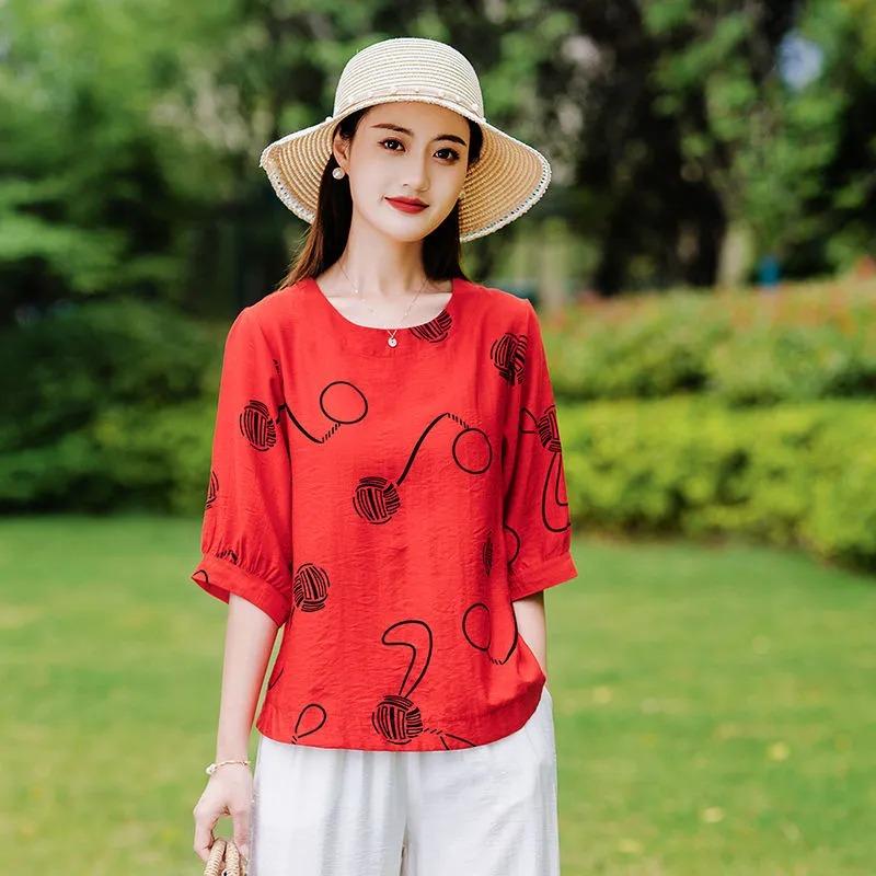 Summer Printed Cotton and Linen T-shirt Mid-sleeve Fashionable Shirt Loose Large Size Middle-aged and Elderly Women's Summer Top