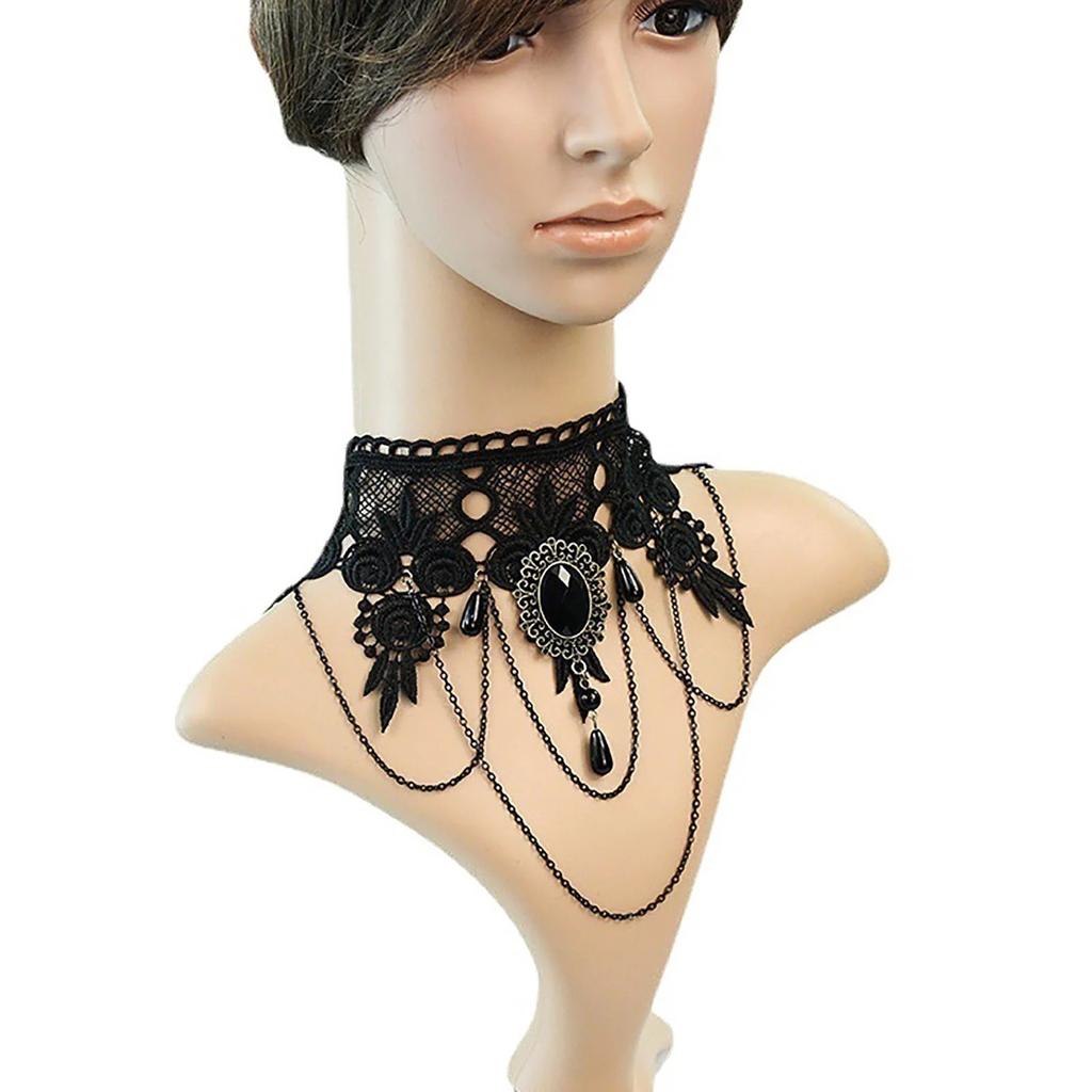 Women Black Lace Choker Necklace Crystal Pendant Gothic Tassel Chain for Party Prom Costume Jewelry for Women