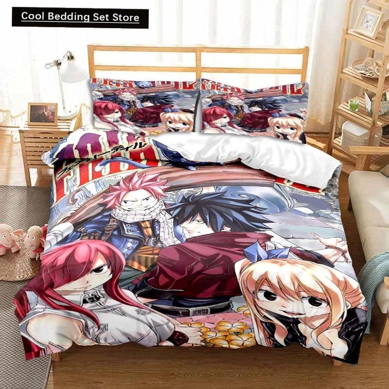 3D Anime Fairy Tail Bedding Set Bed Three-piece Set Duvet Cover Single Double Bed Queen Size Duvet Cover Set Adult Kid's Bedroom
