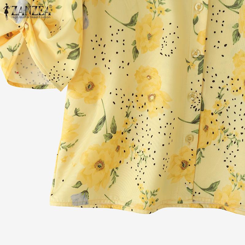 ZANZEA Women Casual V-Neck Summer 3/4 Sleeve Floral Print Blouse