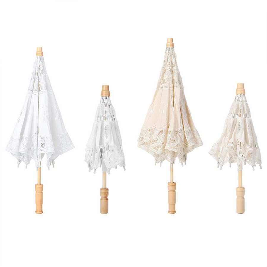 In Stock Handmade Lace Umbrella Silk Cloth Lace Flower Embroidery Parasol Wedding Bride Photography Umbrella White Beige Color