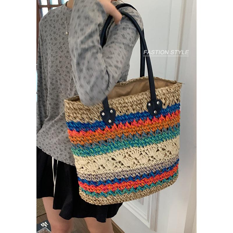 Summer contrasting color hand-woven bag women's 2025 new fashion ethnic style straw bag large-capacity tote bag