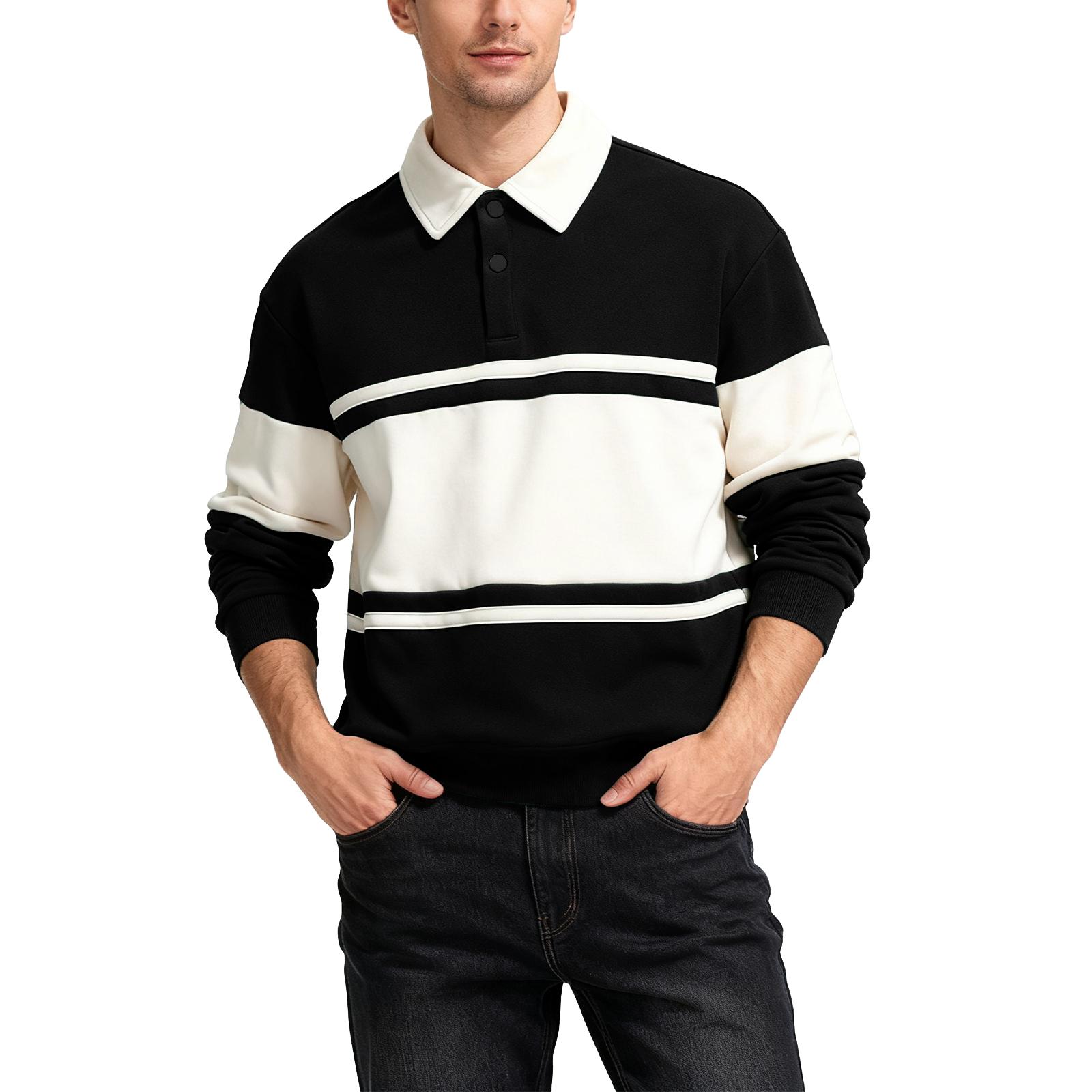 Мужские свитшоты Пэчворк Цветные С длинным рукавом Воротник-лацкан Повседневные Свободные Легкие Модные свитшоты M чёрный