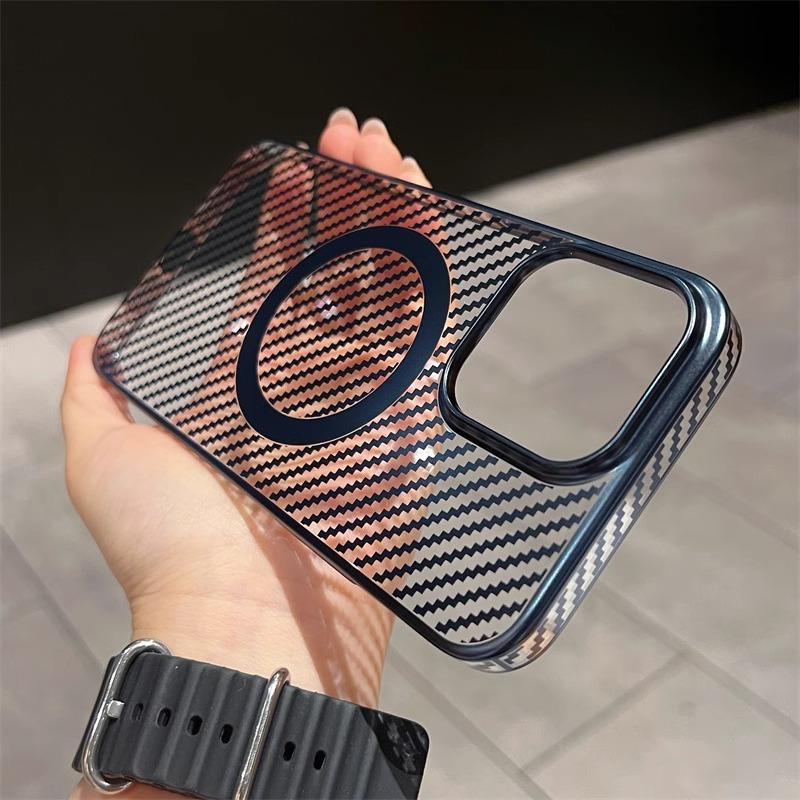 Electroplating Carbon Fiber Pattern Magnetic Suction Suitable for Apple 15 Mobile Phone Case Iphone14promax Transparent All Inclusive Protective Case