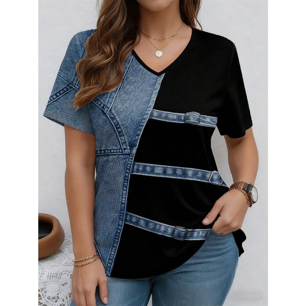 Summer Casual Fashion Imitation Denim Print V-neck Short Sleeved Commuting Versatile T-shirt S