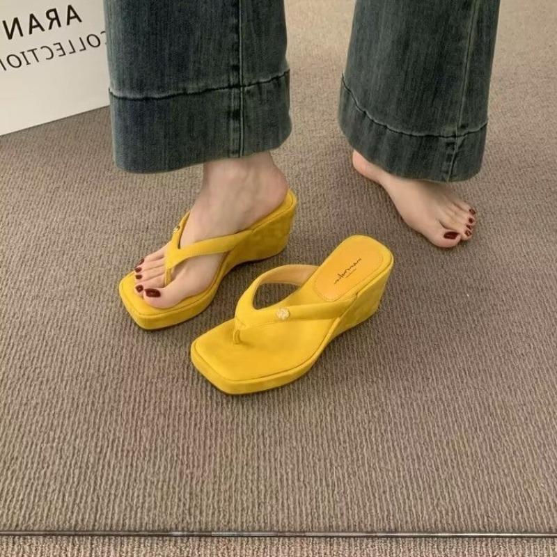 Fashion Fashion Square Clip Toe Platform Sandals Woman Chic Denim Wedge Flip Flops Ladies Summer Street Style Thick High Heel Slippers