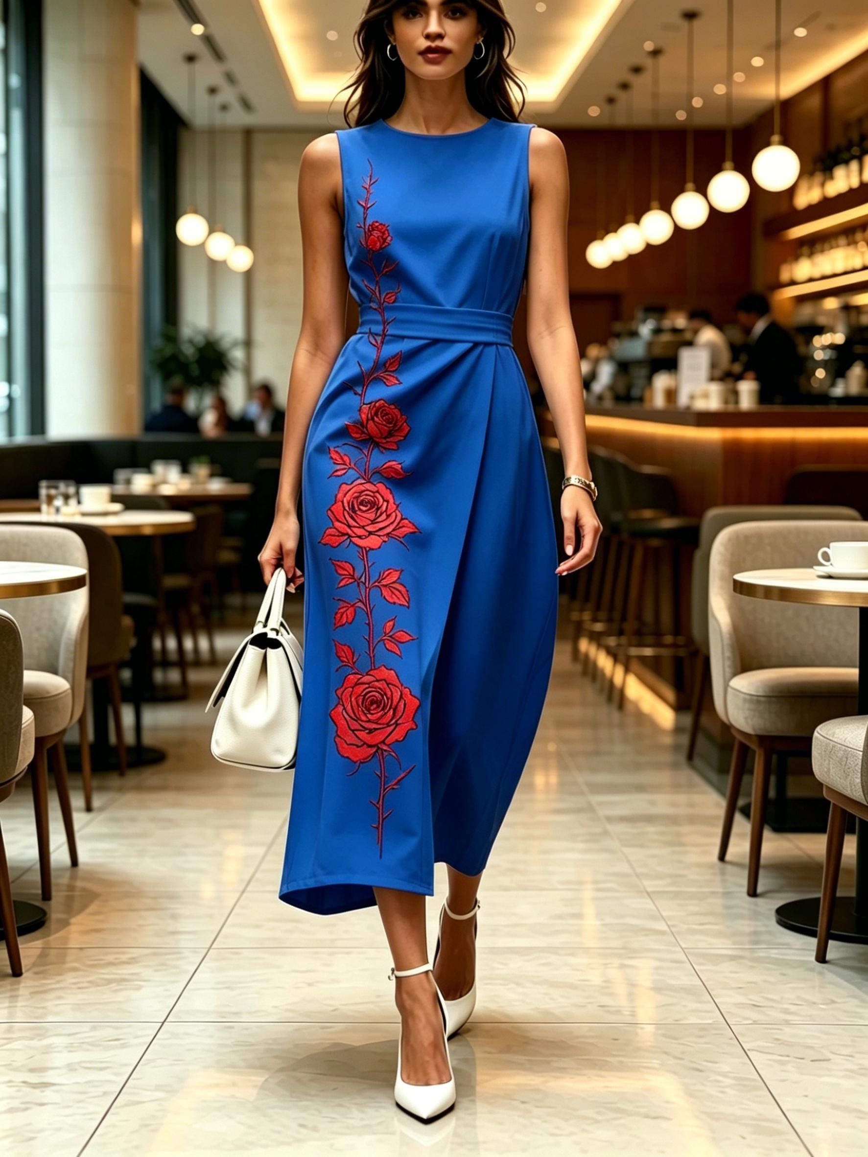 

Round neck sleeveless midi dress with red rose printed pattern blue color modern elegant casual fashionable women s clothing for spring summer autumn XXS