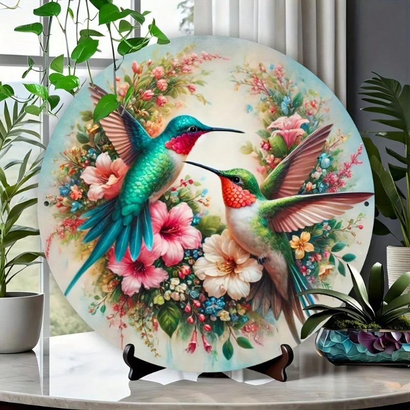 Vintage Hummingbird Floral Metal Wall Art Round Sign Home Office Decor