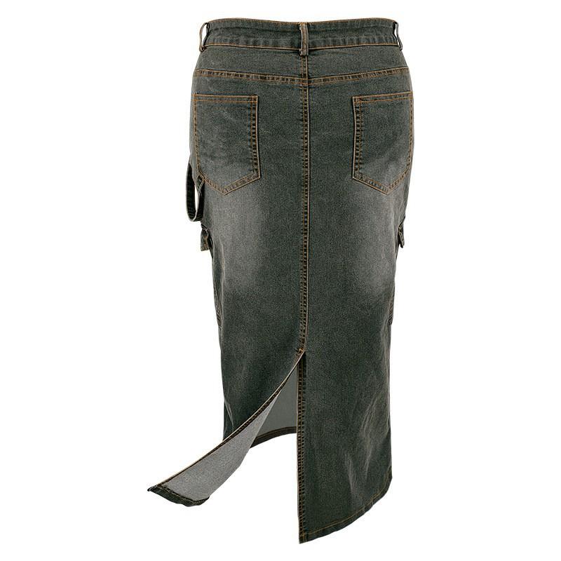 Plus Size Denim Skirt Women With Side Slit Adjustable Strap Midi Long Casual Korean Style