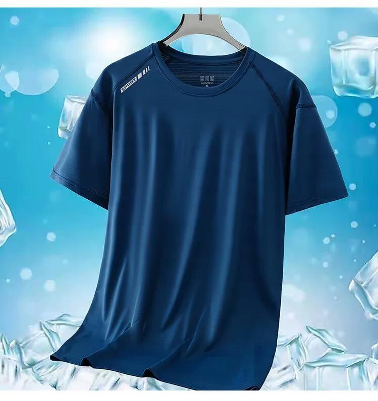 Camiseta masculina de verão com gola redonda, plus size, seda gelada, esportes ao ar livre e lazer, secagem rápida, manga curta, cor sólida