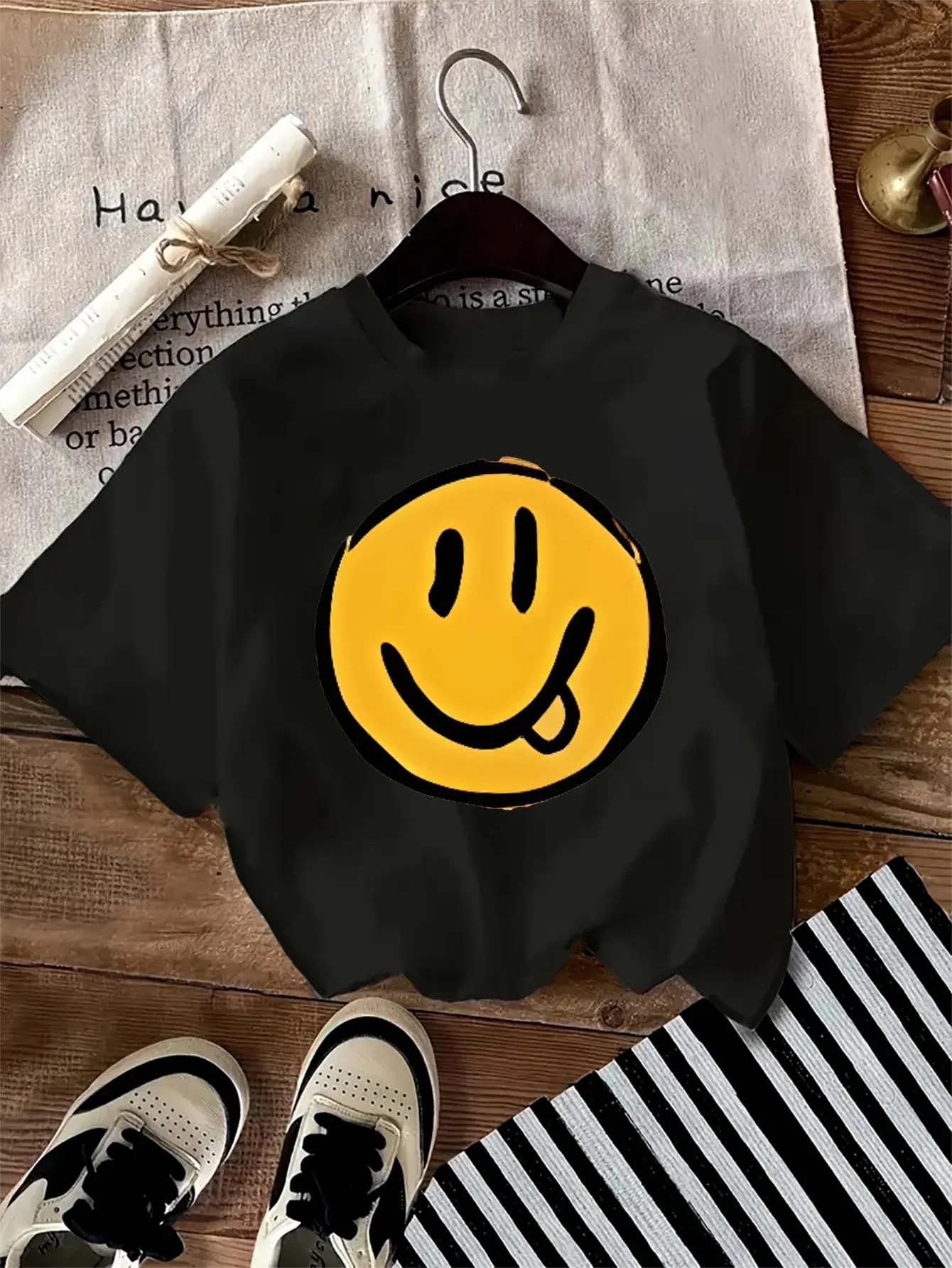 Yellow smiley face print shortsleeved Tshirt casual and versatile style suitable for Womens summer daily wear and going out S