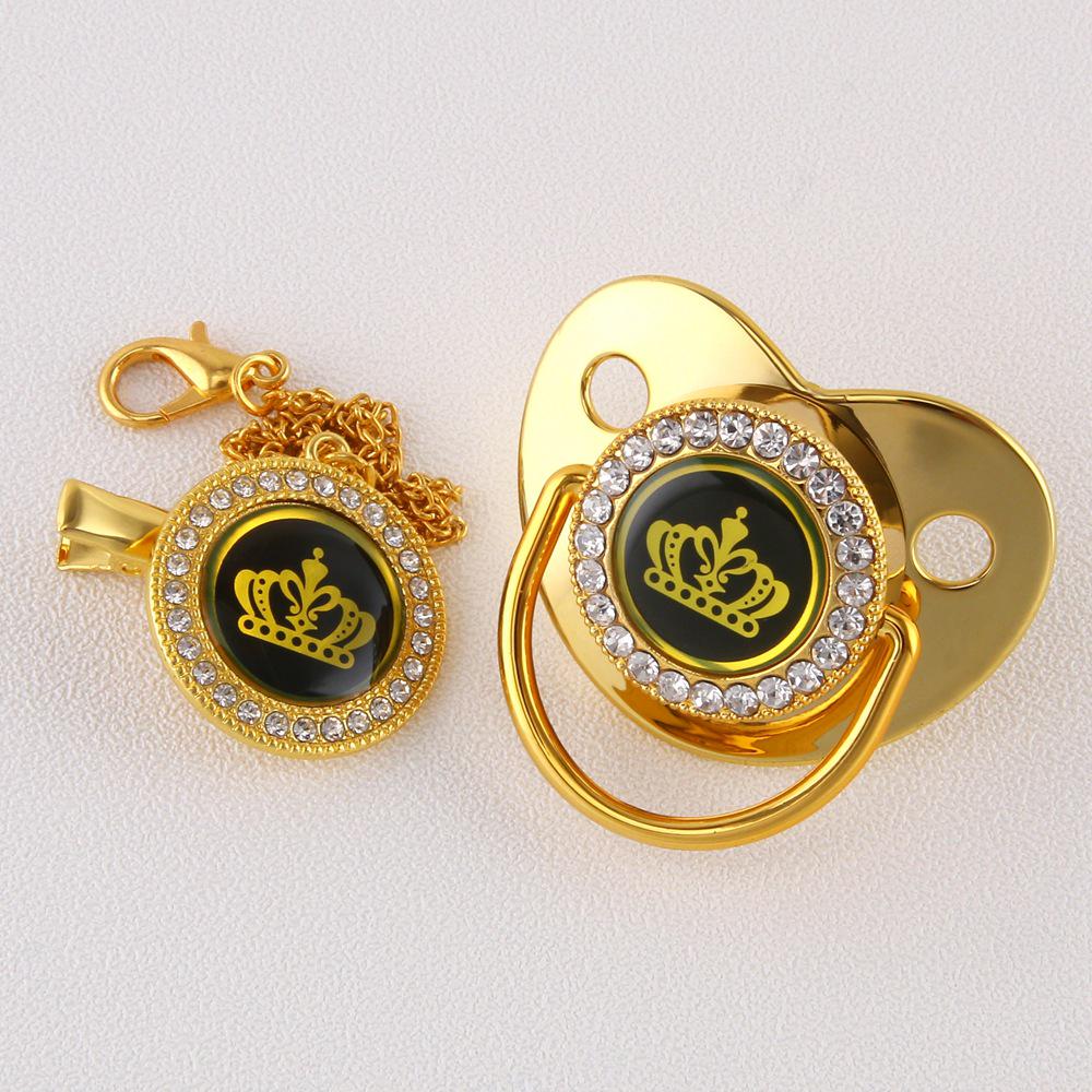 High-End Gold Diamond Baby Pacifier with Cartoon Crown and Chain Clip