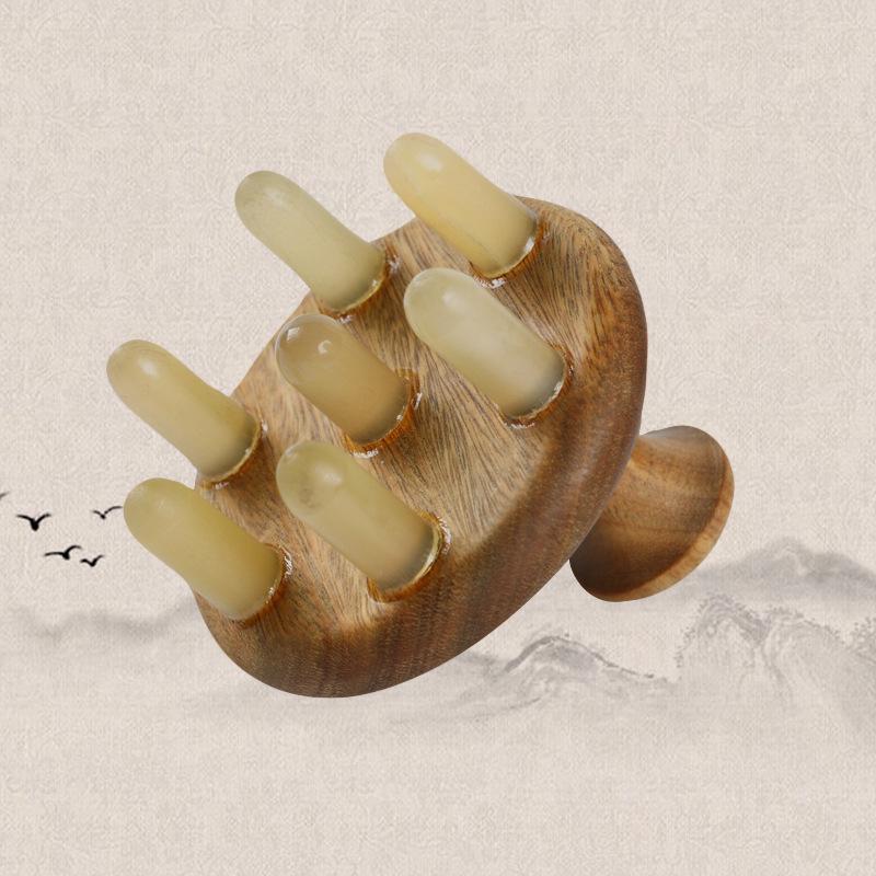 

Natural Green Sandalwood & Ox Horn Massage Comb - Meridian Therapy Scalp Comb with Seven Stars Design