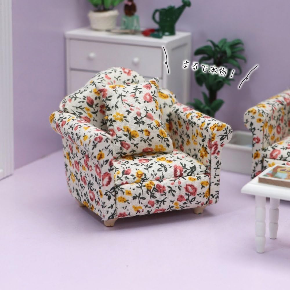 Moin Moin Miniature Furniture 1/12 Scale Sofa Set 3 Pieces White Floral Fabric Dollhouse Accessories