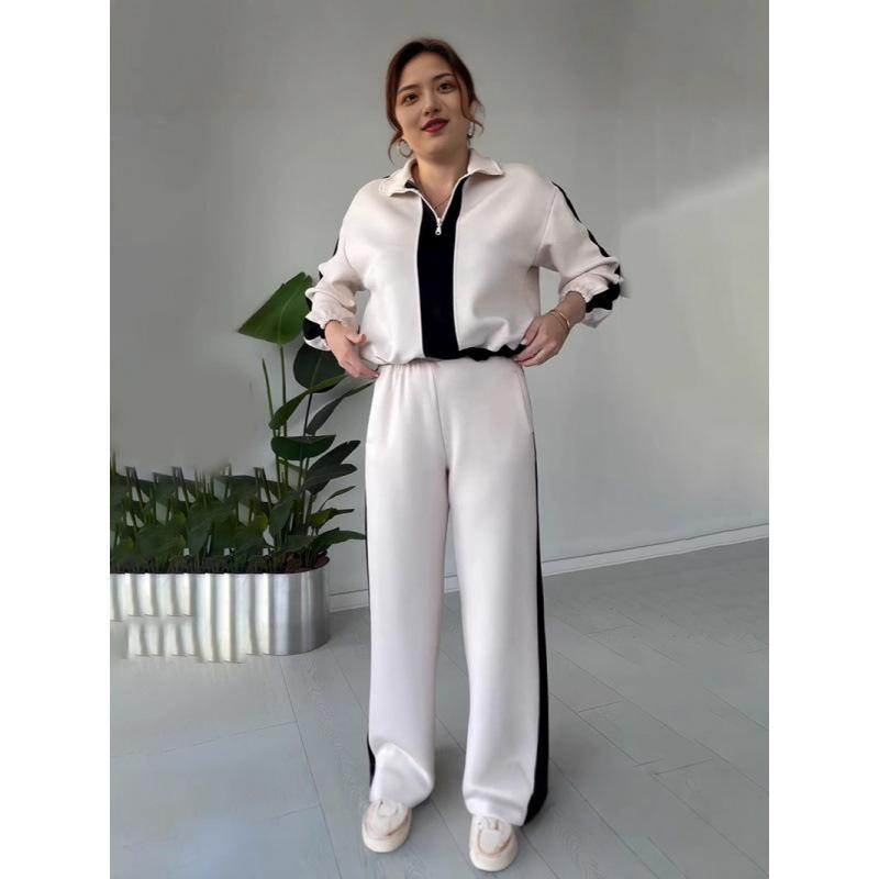 2025 Autumn Women's Fashion Color Block Casual Knitted Two-Piece Set
