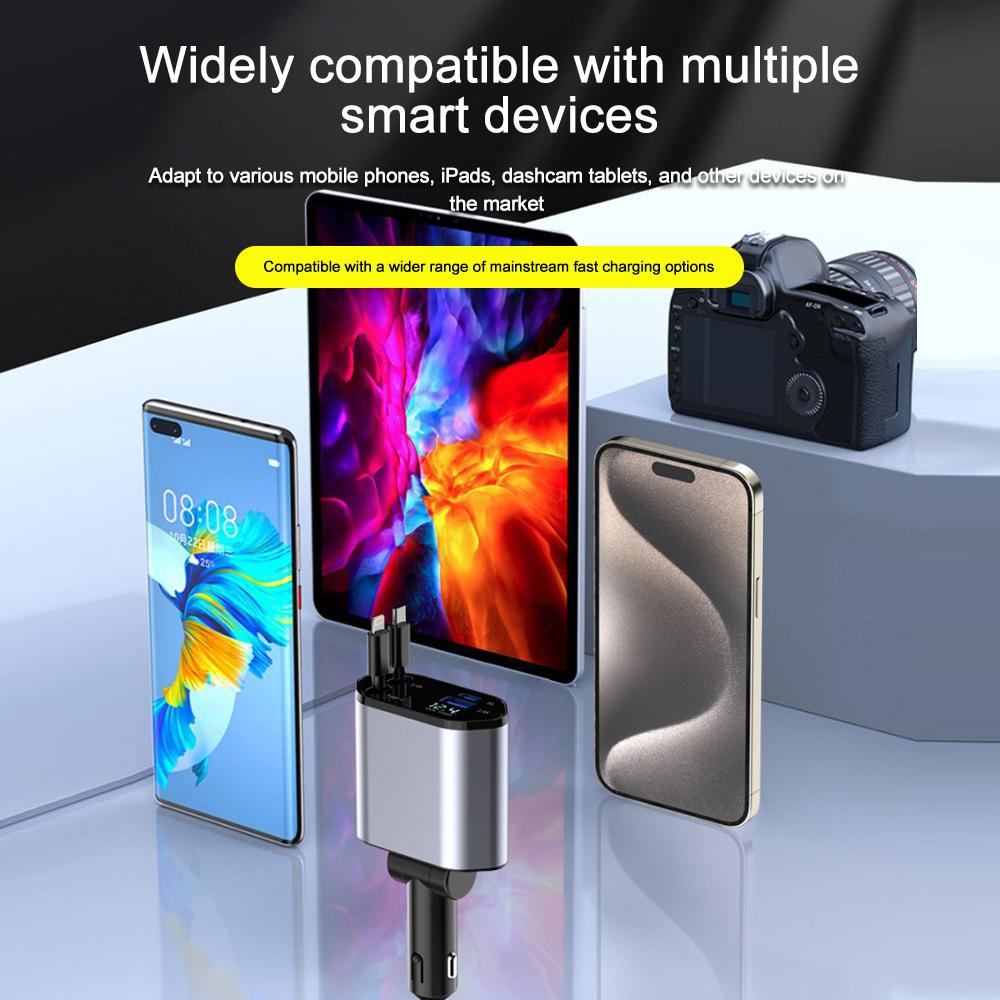 120W Car Charger USB Type C Fast Charge Adapter with Voltage Display 4 In 1 Retractable Cable Phone Car Charger for IPhone Huawei Samsung