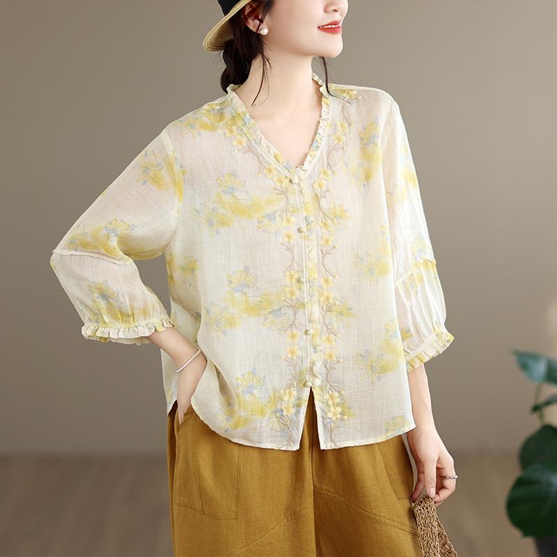DIMANAF 2026 Summer New Plus Size Women Blouse Shirt Elegant Vintage Print Floral Lady Tops T-Shirt Cotton Clothing