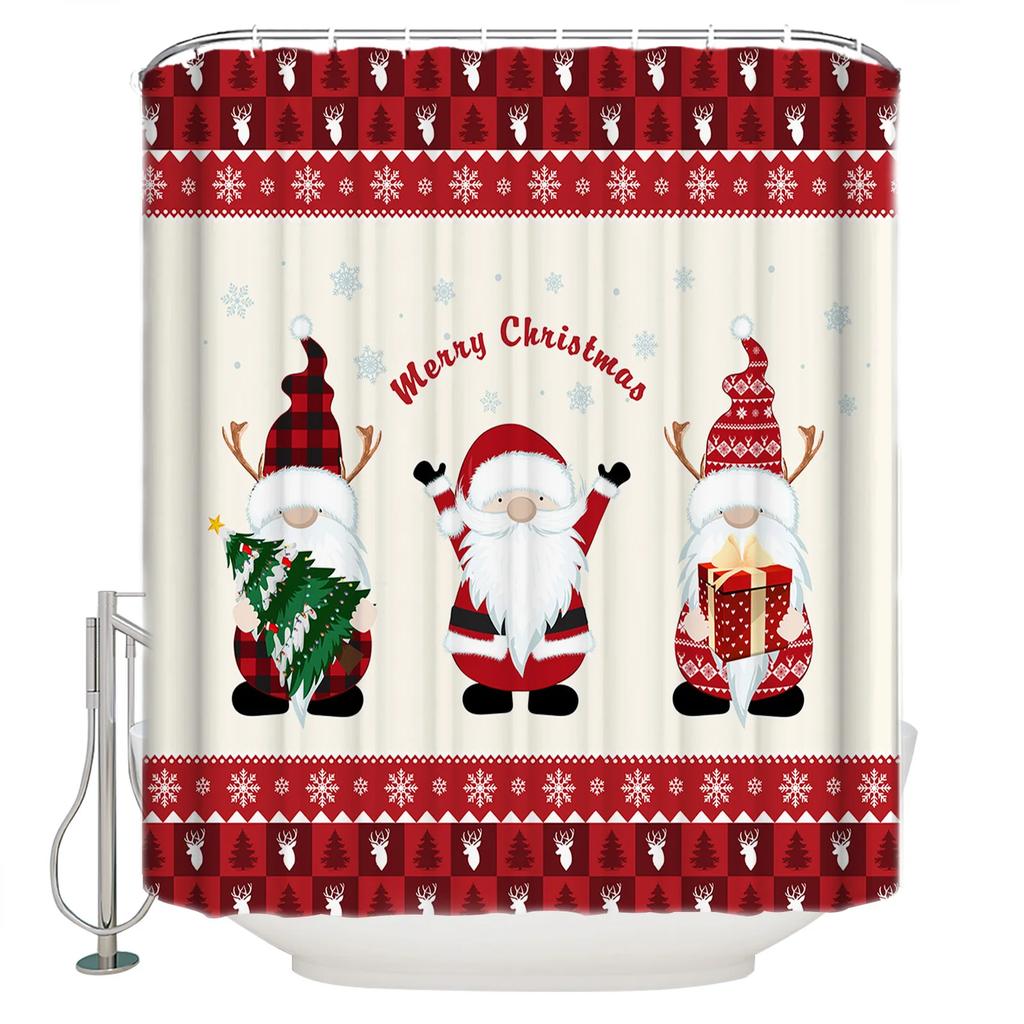 Christmas Gnomes Shower Curtain Set,Cute Winter Xmas Holiday Tree Buffalo Check Plaid Shower Curtains For Bathroom Decor,Hooks