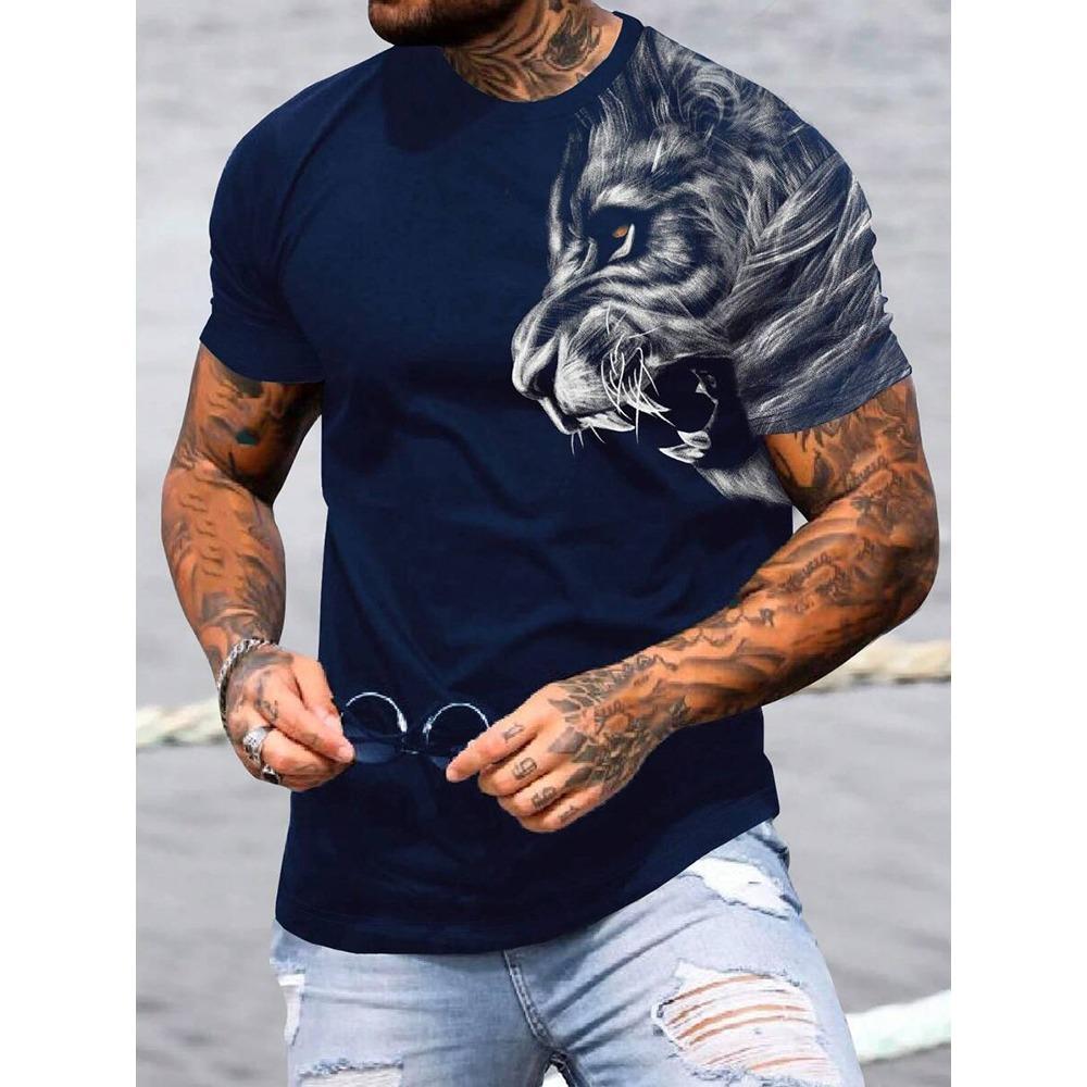 Nowa Letnia Męska Koszulka Casual Outdoor Codzienna Uliczna Top z Krótkim Rękawem Nadruk Lwa Sportowa Moda