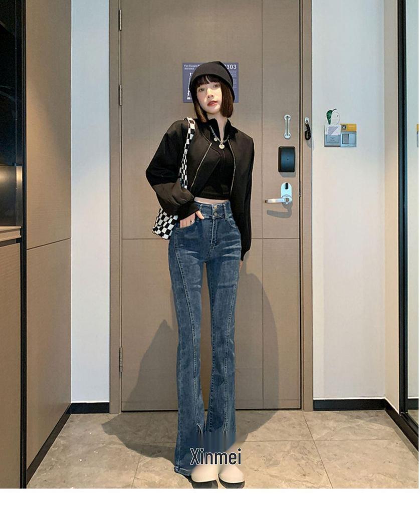 Women's High-Waist Retro Slit Denim Jeans - Petite Skinny Cropped Flare for Autumn/Winter 2022