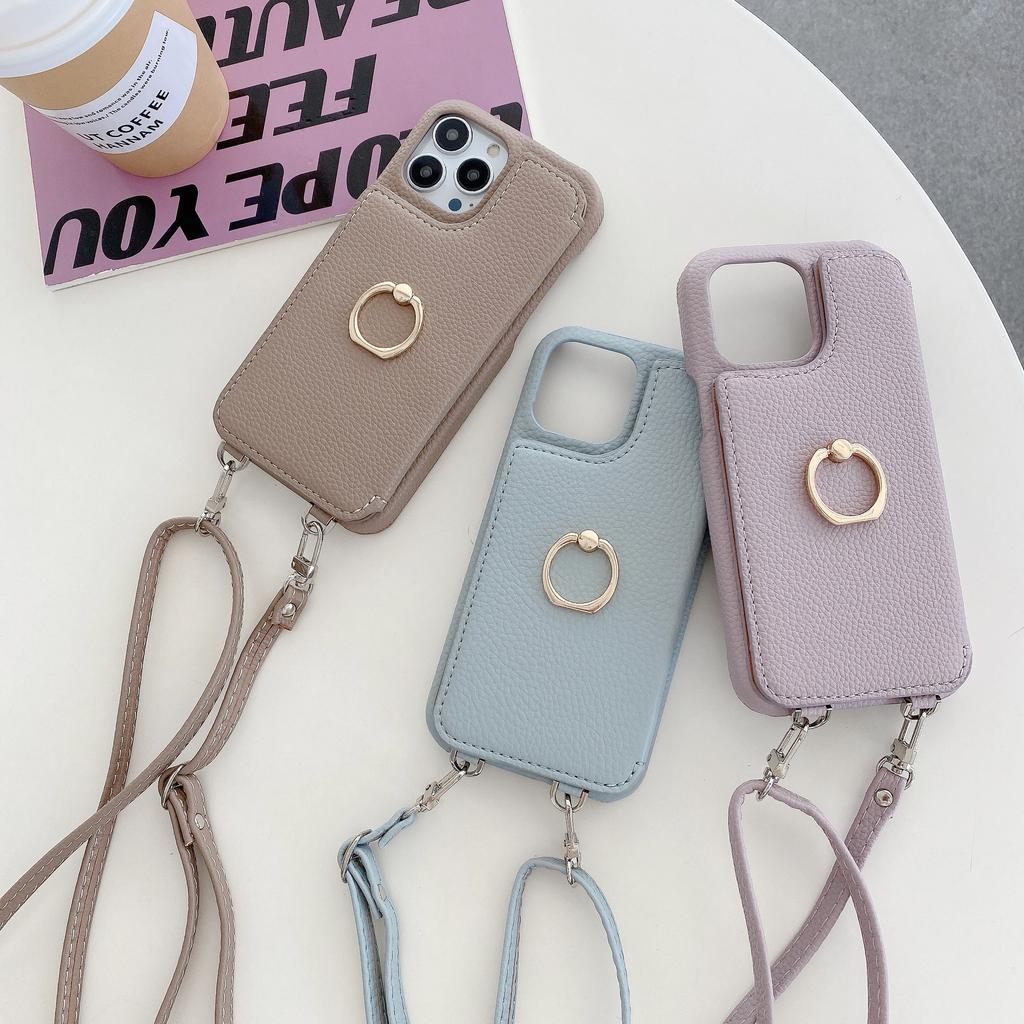 Suitable for iPhone14Pro Mobile Phone Case iPhone15 Lychee Pattern Card Beauty Mirror Diagonally Across Mobile Phone Case
