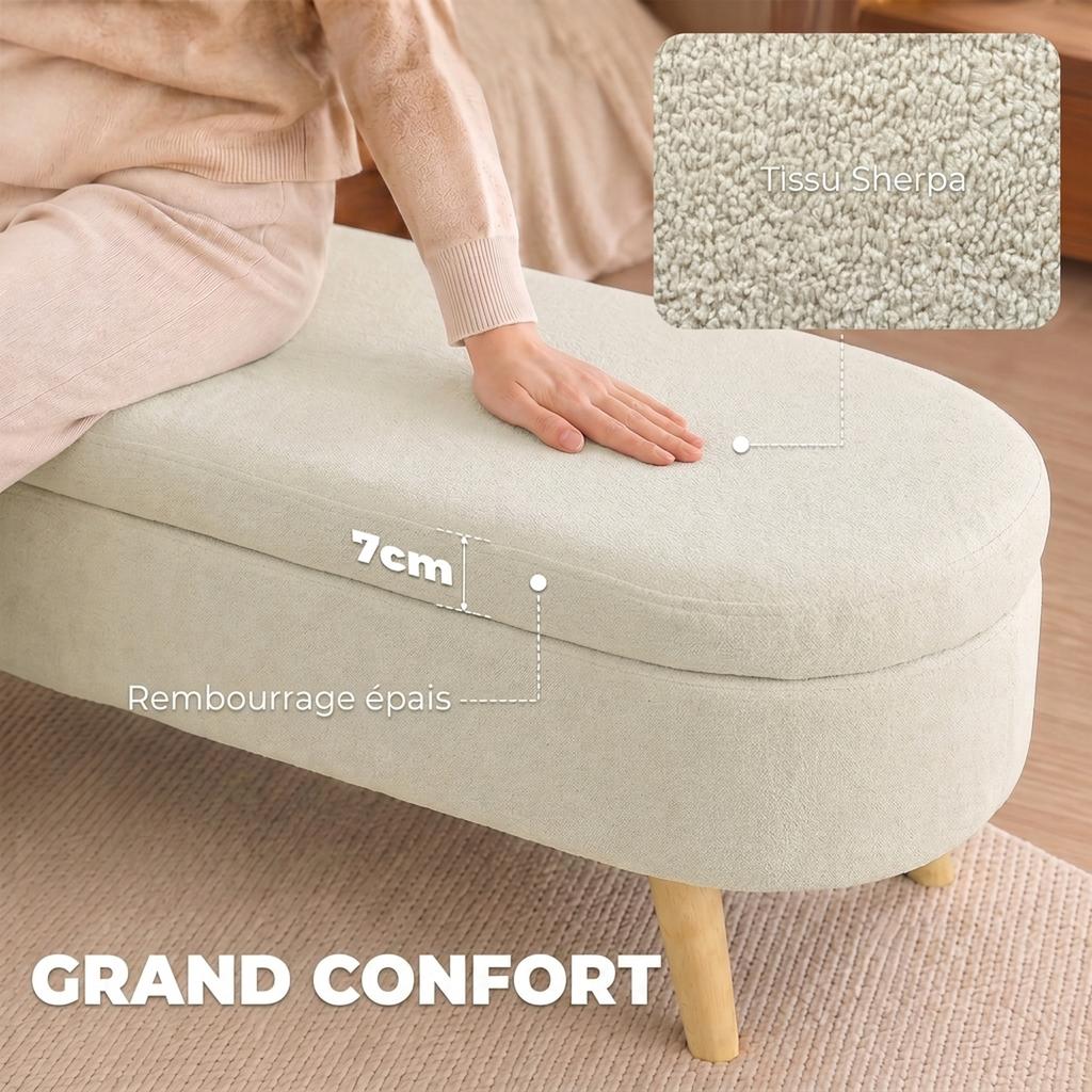 2-in-1 Fabric Storage Bench with Wooden Legs, 110x40x43 cm, Cream