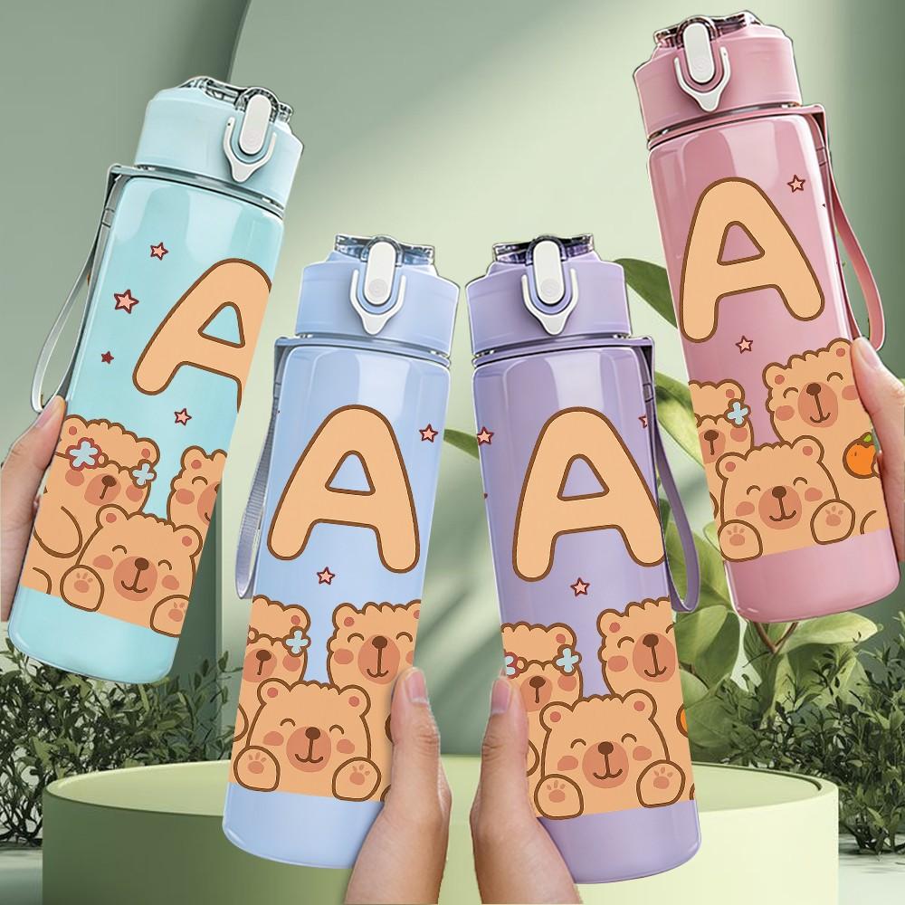 1PC Letter A Bear Couple Print 750ml Color Plastic Sports Water Bottle Leakproof Flip Straw Lid Suitable for Sports Office Home Use